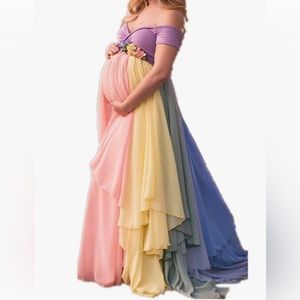 Rainbow Maternity Dress High Waist for Pregnant Women Plus Size Lace up Back